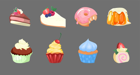 Vector Set of assorted Desserts, lot collection of 8 isolated delicate cheesecakes and cupcakes and yummy desserts, baked goods for cafe or restaurant menu..