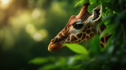 Fototapeta premium Giraffe peeking through lush green foliage in a serene environment.