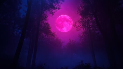 Fototapeta premium Mysterious forest with a vibrant pink moon illuminating the foggy trees.