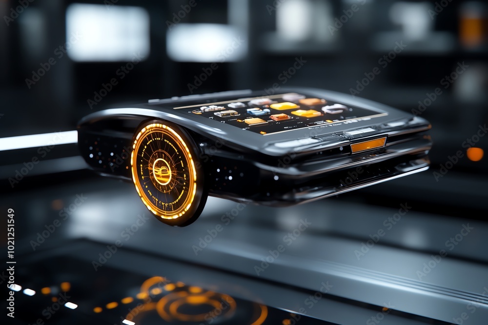 Poster 3D model of a futuristic online shopping experience where products hover as interactive holograms, with detailed lighting and shadows enhancing the virtual environment