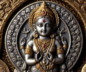 This silver coin showcases the figure of Lakshmi, symbolizing wealth and fortune in Indian culture