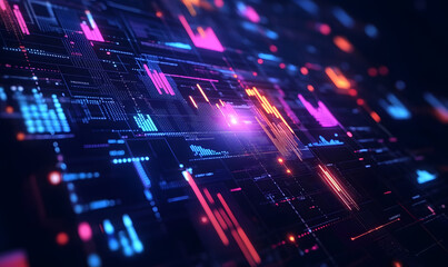Obraz premium Futuristic financial dashboards and luxury business charts with glowing neon lines, gold accents, and connected nodes for corporate branding.