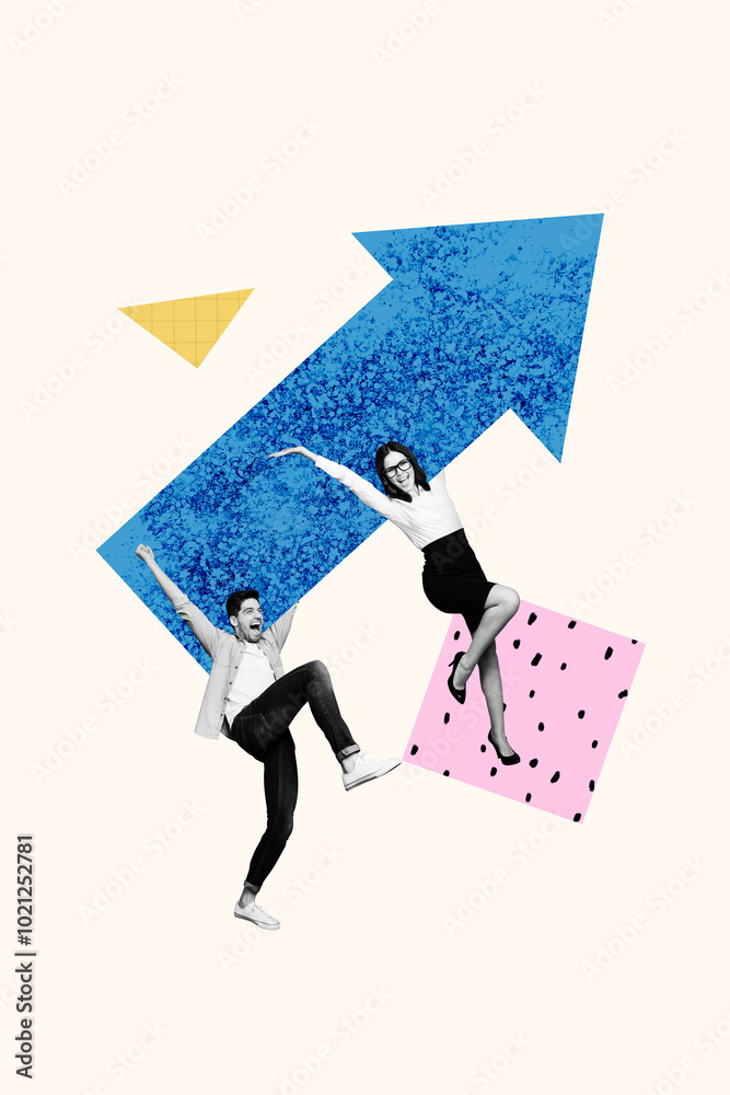 Poster vertical composite artwork collage image picture of two mini people hold big arrow pointer isolated 