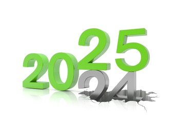 3d render of the numbers 2025 and 24 in green and silver color over white reflecting background. The number 25 falls on the number 24 and breaks in it in the ground. - Vacation concept.
