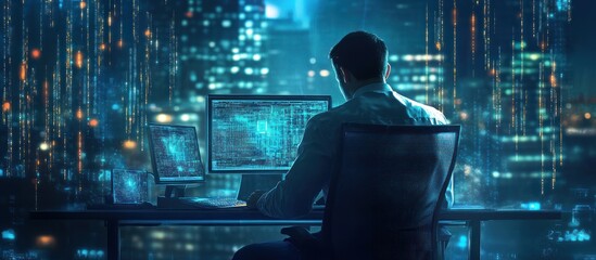 A person working on multiple screens in a futuristic, tech-inspired cityscape.