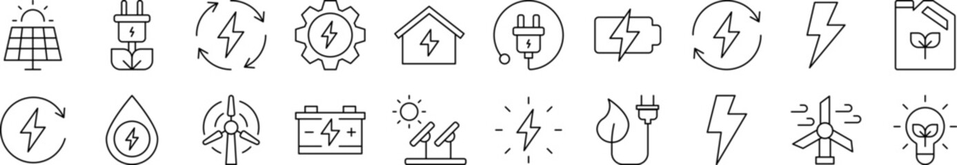 Collection of Outline Signs of Green Energy Drawn with Thin Line for apps, web sites, banners, infographics and other types of design