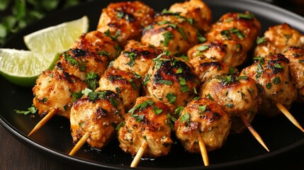 Grilled chicken skewers with lime wedges and cilantro on a black plate.