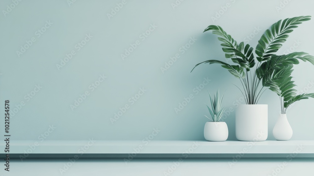 Wall mural a minimalist arrangement featuring potted plants against a soft blue wall, creating a serene and cal