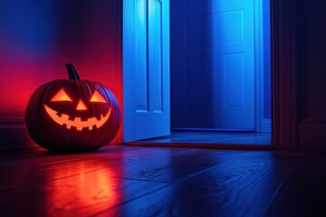 Obraz premium Halloween night scene with a glowing pumpkin and a mysterious door in red light, a spooky Halloween concept, high-quality, detailed photo of a Halloween decoration on the floor with a smiling pumpkin