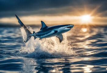 Obraz premium A great white shark swims in the crystal clear ocean, with sunlight filtering through the water, revealing details of its body.