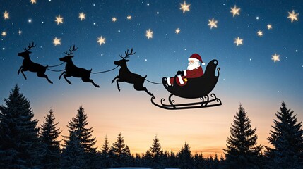 Naklejka premium A silhouette of Santa Claus and his reindeer flies in a sleigh against a beautiful starry night sky, creating a magical Christmas atmosphere in a serene forest setting