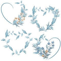 Fototapeta premium Watercolor, blue plants. Rosehip, red berries. Watercolor compositions. Vintage watercolor. Winter motifs. Exquisite floral compositions for decoration. Winter. Love. Heart. Weddings, holidays.