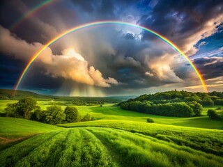 Fototapeta premium Breathtaking Double Rainbow Over Lush Green Landscape After Rainstorm with Dramatic Sky Backdrop