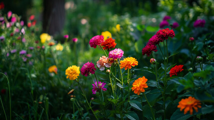 Bright flowers in green backyard setting 