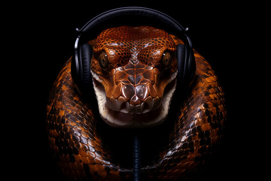 Snake with headphones. Snake listening to music