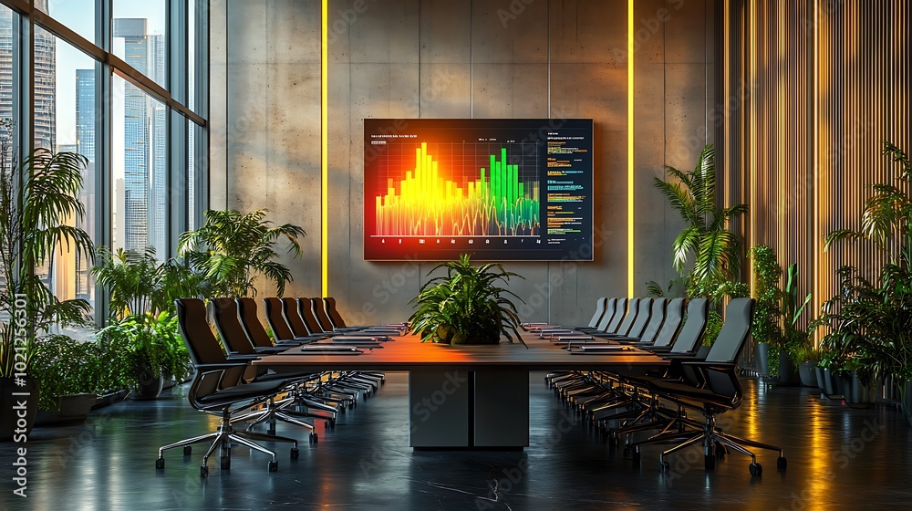 Poster A modern conference room featuring a large screen displaying colorful data visualizations, surrounded by plants and sleek furniture.