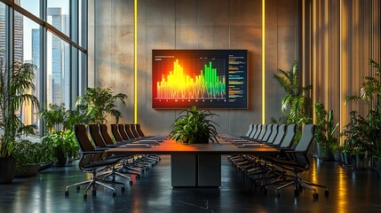 A modern conference room featuring a large screen displaying colorful data visualizations, surrounded by plants and sleek furniture.