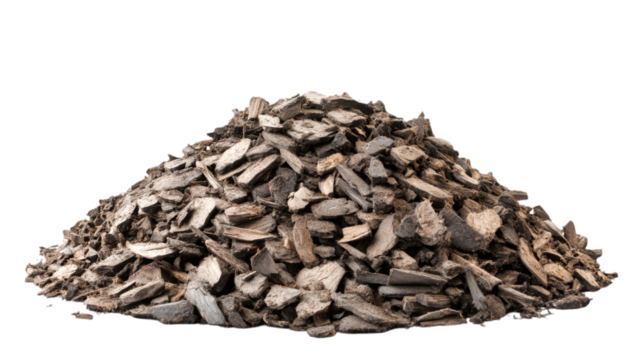 Close-up of Wood Chips: A Natural Ground Cover for Gardens Isolated on Transparent Background PNG