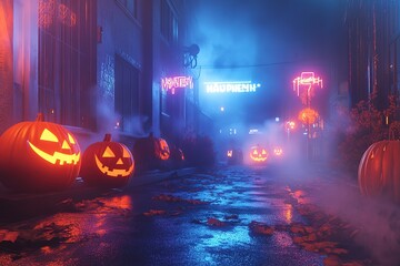 A neon sign design featuring glowing elements like stars, clouds, and a pumpkin with bat wings in the background