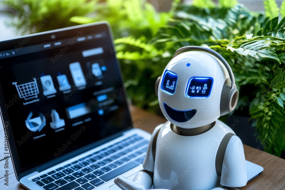 Poster a customer service chatbot assisting a shopper on an online store, displayed on a laptop screen with