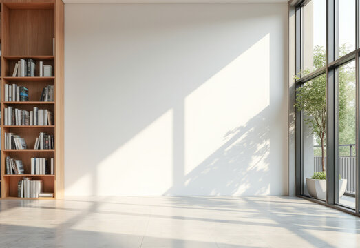 a bright library with an empty white wall , mockup