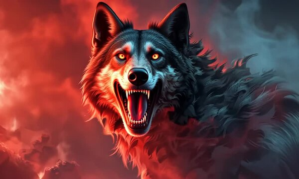 A wolf with red eyes and a mouth open wide Video