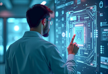 A scientist-engineer touches a complex interface on a large screen with his hand