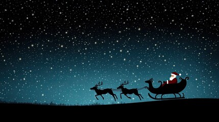 Naklejka premium A silhouette of Santa Claus and his reindeer flies in a sleigh against a beautiful starry night sky, creating a magical Christmas atmosphere in a serene forest setting