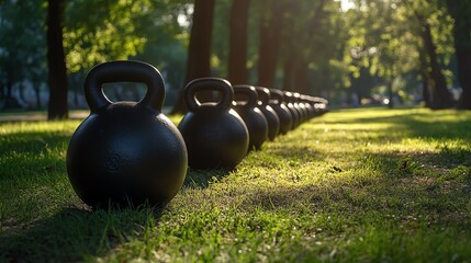 Kettlebells lined on grass in outdoor setting