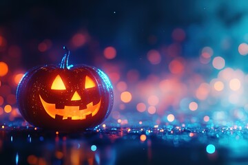 Halloween background with pumpkin and glowing lights, in blue and orange, bokeh panorama, blurred background, copy space. High quality