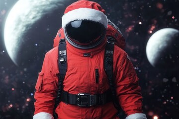 A whimsical depiction of an astronaut in a Santa suit against a cosmic backdrop, blending holiday cheer with space exploration.