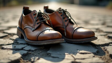 A pair of classic brown leather shoes placed on a cobblestone street, capturing an essence of timeless fashion and elegance, set in an outdoor environment that complements the shoe design.