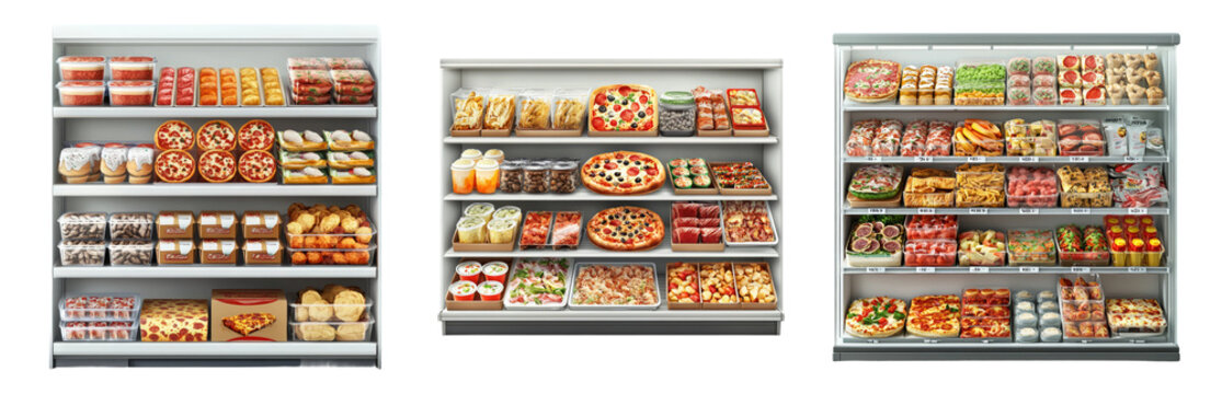 Variety of Freshly Prepared Foods Displayed in Case Isolated on Transparent Background
