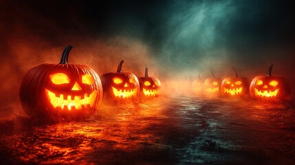 Spooky Halloween pumpkins on misty road at night