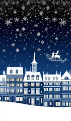 Fototapeta premium A silhouette of Santa Claus and his reindeer flies in a sleigh against a beautiful starry night sky, creating a magical Christmas atmosphere in a serene forest setting.