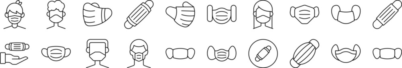 Collection of Line Icons of Medical Face Mask Drawn with Thin Line for apps, web sites, banners, infographics and other types of design