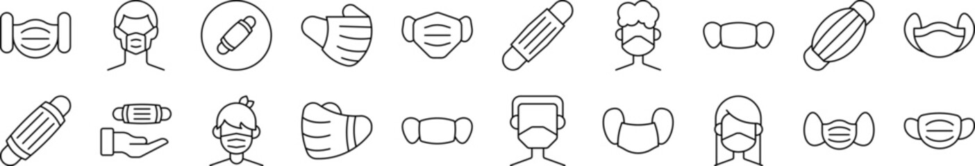 Fototapeta premium Collection of Signs of Medical Face Mask Drawn with Thin Line for apps, web sites, banners, infographics and other types of design