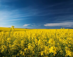 yellow rapeseed field against blue sky nature background blooming canola flowers