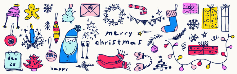 set of hand drawn outline holiday christmas elements. Doodle childish elements. Huge collection of hand drawn vector Christmas festive clip arts. Outline holiday vector set. Santa Claus, socks, toys
