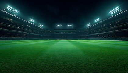 A nighttime view of a well-lit sports stadium field, featuring vibrant green grass and illuminated stands, creating an energetic atmosphere.