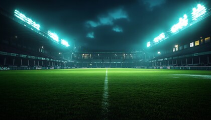 A dimly lit stadium at night, featuring a lush green field and bright floodlights illuminating the surroundings.