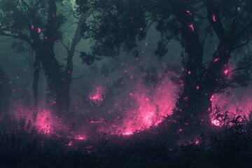 Silhouetted Trees with Glowing Pink Light in a Dark Forest