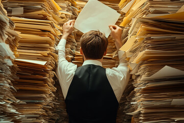 Mann hat Stress im Büro durch Überarbeitung, fehlende Digitalisierung, Aktenberge, zu viel Arbeit, keine Durchsicht, Digitalisierungszeitalter, Aktenwahnsinn