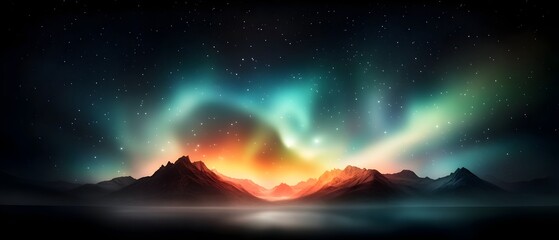 Fototapeta premium Dramatic celestial panorama featuring twinkling stars in a deep indigo firmament the aurora borealis dancing across the skies and silhouetted mountain peaks