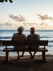 Elderly couple enjoying a sunset on the beach, reflecting love and companionship.