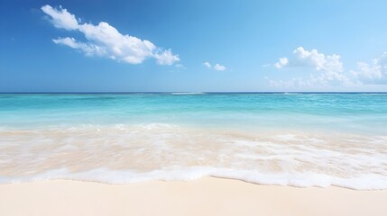 Fototapeta premium Tranquil Coastal Serenity - Endless Ocean Waves Merging Gently with the Sky Soft Sands and Peaceful Horizon Await Your Escape