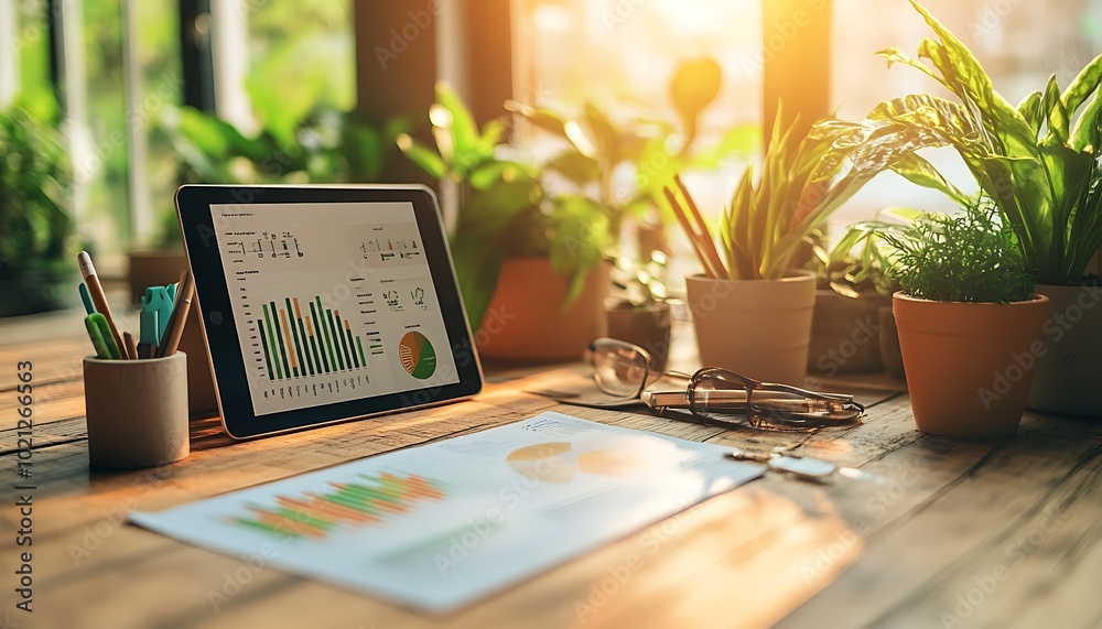Poster A bright workspace featuring a tablet displaying graphs, surrounded by potted plants and stationery, creating a productive and serene environment.