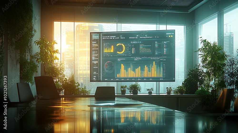 Aufkleber A modern office space features a large screen displaying data analytics, surrounded by greenery and large windows with a sunset backdrop.