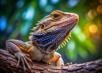 Obraz premium Captivating Dragon Beard Lizard Perched on a Branch in Natural Habitat Against a Vibrant Background