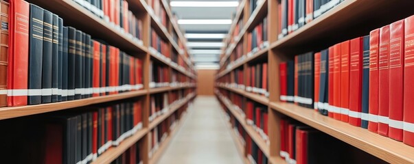 Elegant law library in a prestigious firm, rich wooden shelves filled with legal volumes and references